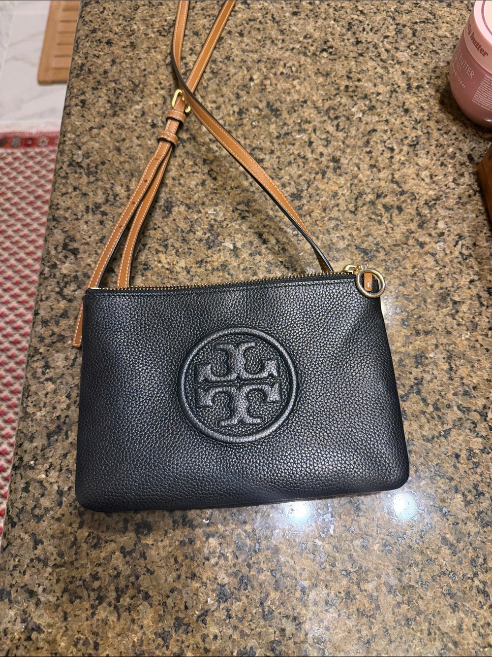 Tory Burch Black Pebbled Leather Crossbody with Tan Strap and Gold Hardware